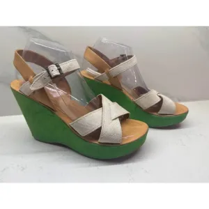 Kork-Ease Size 10 EU 42 Bette Mod Green Suede Linen Platform Wedge Heels Shoes