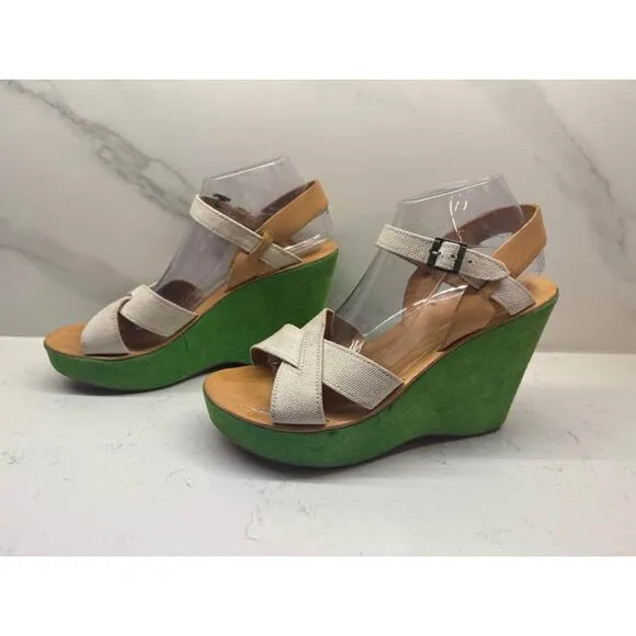 Kork-Ease Size 10 EU 42 Bette Mod Green Suede Linen Platform Wedge Heels Shoes