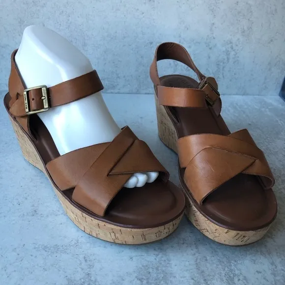Korks By Kork-Ease Sandals Brown Leather Wedge Ankle Strap Open Toe 9