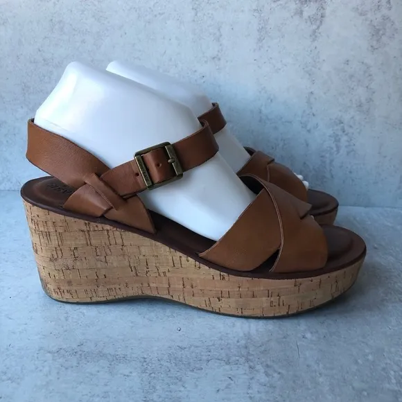 Korks By Kork-Ease Sandals Brown Leather Wedge Ankle Strap Open Toe 9