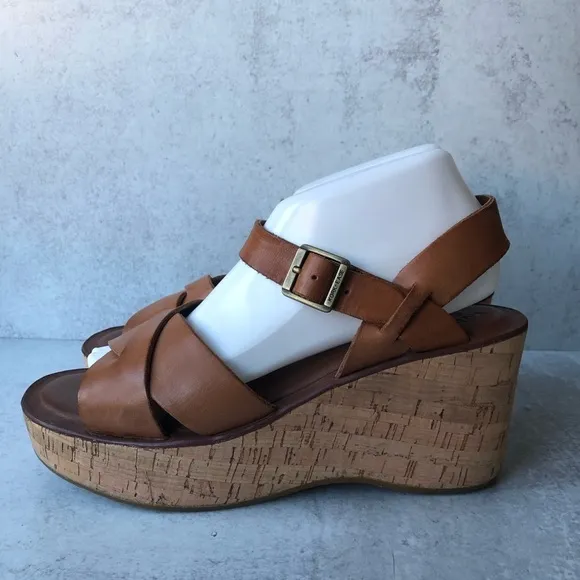 Korks By Kork-Ease Sandals Brown Leather Wedge Ankle Strap Open Toe 9