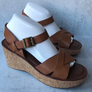 Korks By Kork-Ease Sandals Brown Leather Wedge Ankle Strap Open Toe 9