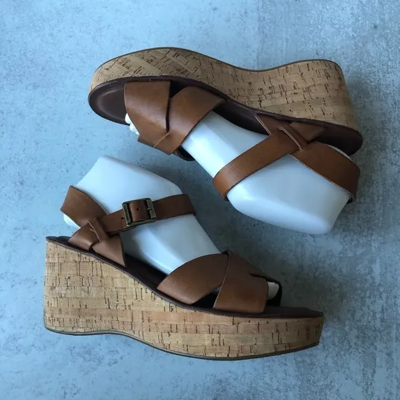 Korks By Kork-Ease Sandals Brown Leather Wedge Ankle Strap Open Toe 9