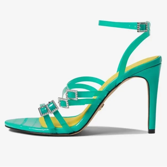 Kurt Geiger London Pierra turquoise vinyl ankle strap sandals NWT
