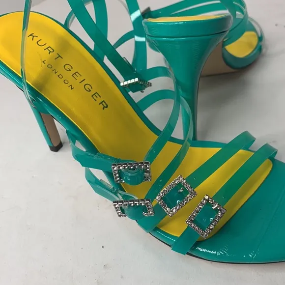 Kurt Geiger London Pierra turquoise vinyl ankle strap sandals NWT