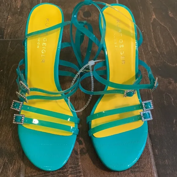 Kurt Geiger London Pierra turquoise vinyl ankle strap sandals NWT