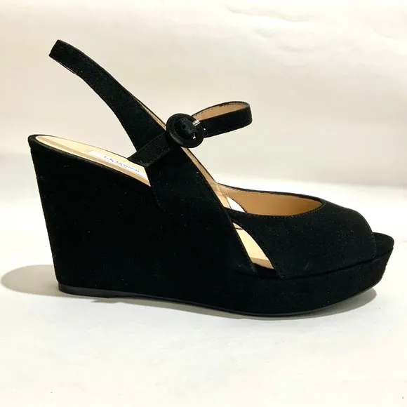 L. K. Bennet Raisa Designer black suede wedge platform ankle strap sandal 41