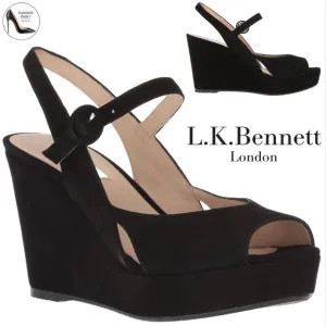 L. K. Bennet Raisa Designer black suede wedge platform ankle strap sandal 41