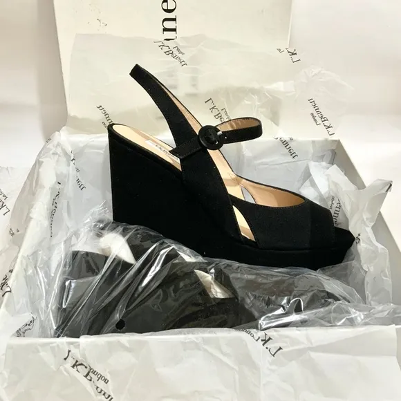 L. K. Bennet Raisa Designer black suede wedge platform ankle strap sandal 41