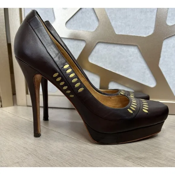 L.A.M.B. lamb GWEN STEFANI BROWN PLATFORM PUMPS Ultra HEEL SHOES SIZE 7.5 8 M