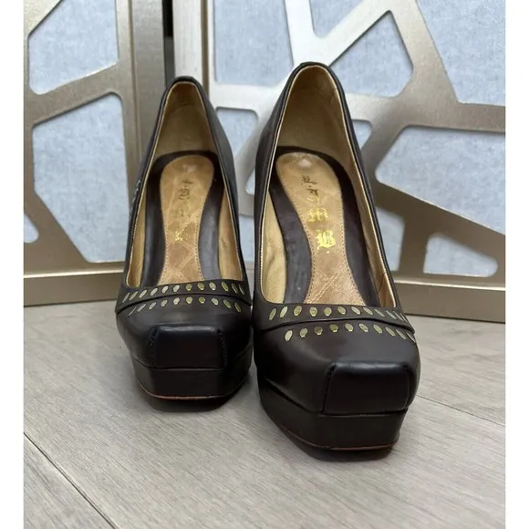 L.A.M.B. lamb GWEN STEFANI BROWN PLATFORM PUMPS Ultra HEEL SHOES SIZE 7.5 8 M