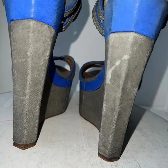 LAMB Nubuck Platform Wedge Sandals High Heel Grey Blue Suede Womens Size 8