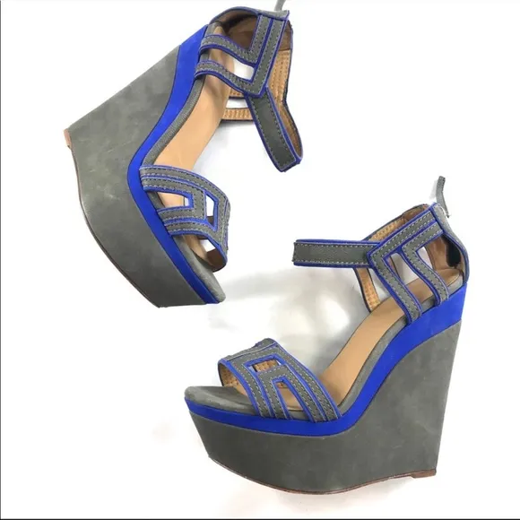 LAMB Nubuck Platform Wedge Sandals High Heel Grey Blue Suede Womens Size 8
