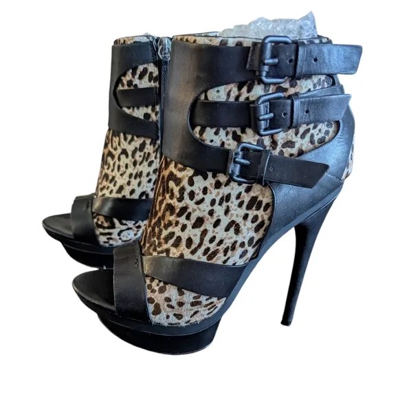 L.A.M.B,Leopard Print and Black Women's High Heel Sandals, Size 8.5