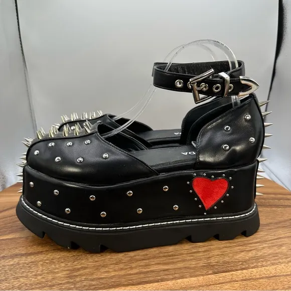 Lamoda Dolls Kill Studded Spiked Platform Heart Shoes Black Goth Punk‎ Women's 7