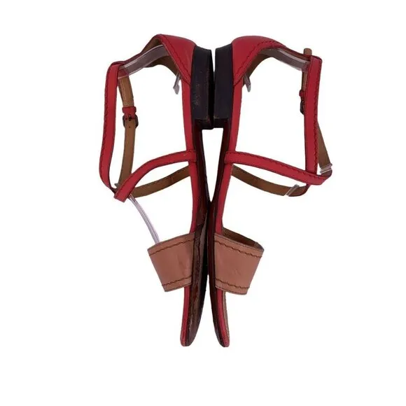 LANVIN 2012 Tan and Rose Pink Leather Ankle Strap Sandals Flats Size 37.5