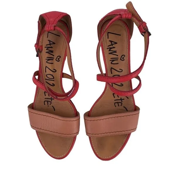 LANVIN 2012 Tan and Rose Pink Leather Ankle Strap Sandals Flats Size 37.5