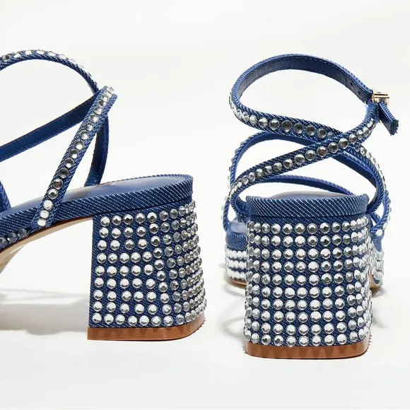 Larroude Blue Crystal Block Heel Sandals