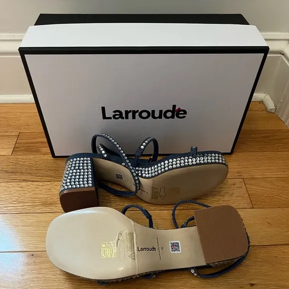 Larroude Blue Crystal Block Heel Sandals
