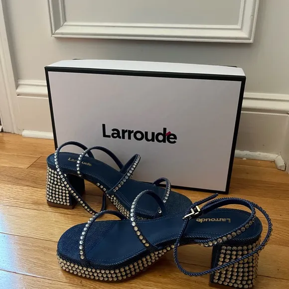 Larroude Blue Crystal Block Heel Sandals