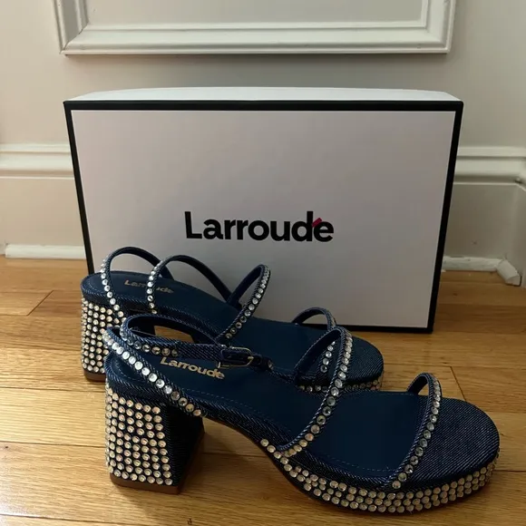 Larroude Blue Crystal Block Heel Sandals