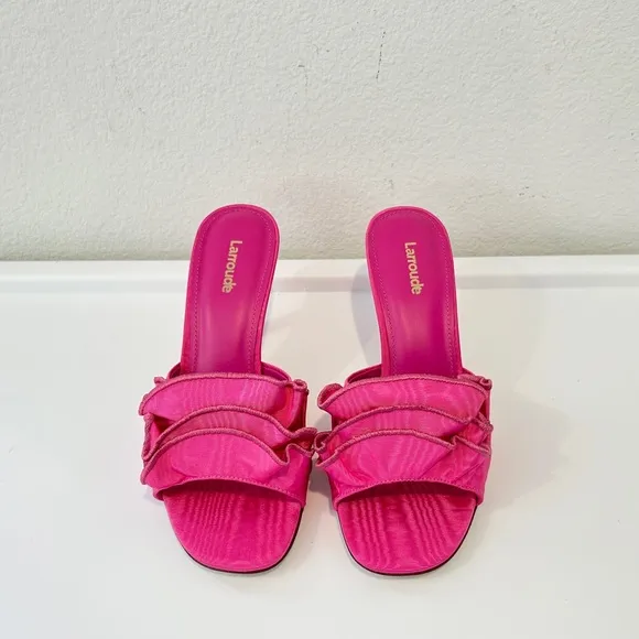 Larroude Colette Ruffled High Heel Sandals in Ariana Magenta, Size 7, New in Box