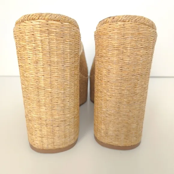 Larroude x Jennifer Fisher Beige Woven Straw Espadrille Wedge Open-Toe Sandals