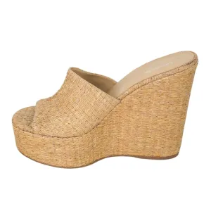 Larroude x Jennifer Fisher Beige Woven Straw Espadrille Wedge Open-Toe Sandals