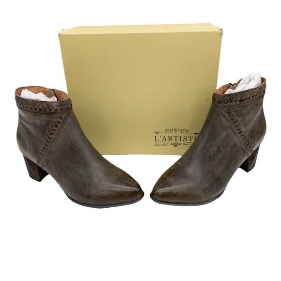L'Artiste by Spring Step Brown Gray Lovell Block Heel Leather Boots  9 Women's