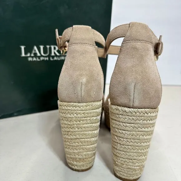 Lauren Ralph Lauren Hale Suede Wedge Platform Sandals Khaki Women’s 10B NIB Logo