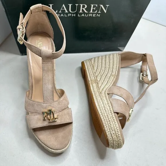 Lauren Ralph Lauren Hale Suede Wedge Platform Sandals Khaki Women’s 10B NIB Logo
