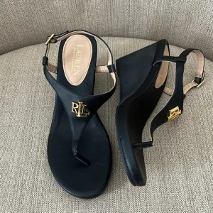 LAUREN Ralph Lauren Jeannie sandals Black logo gold tone  Wedge T-Strap