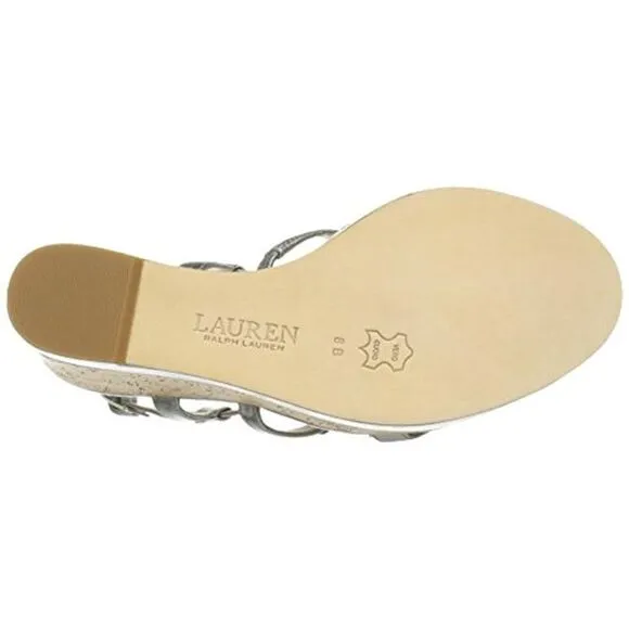 Lauren Ralph Lauren Womens Mattie Silver Leather Cork Wedge Sandals Shoes NWOB