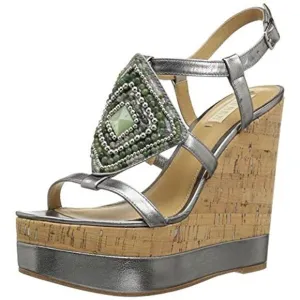 Lauren Ralph Lauren Womens Mattie Silver Leather Cork Wedge Sandals Shoes NWOB