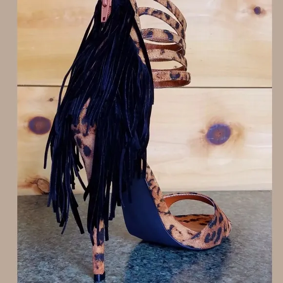 Leopard print fringe high heel shoes