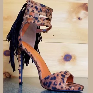 Leopard print fringe high heel shoes