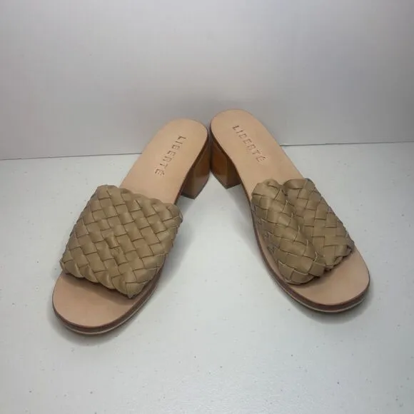 Liberte Santorini Tan Leather Woven Block Heel Sandals Womens Italy Designer