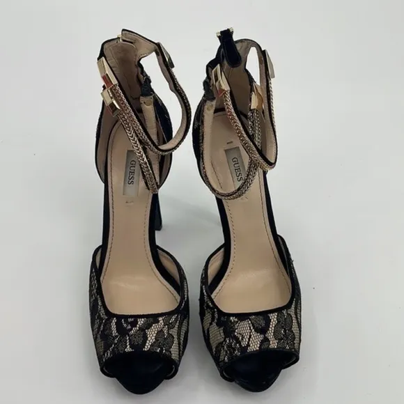 Like New in box Guess black lace and gold chain ankle strap platform shoes sz 7