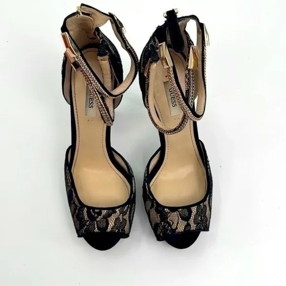 Like New in box Guess black lace and gold chain ankle strap platform shoes sz 7
