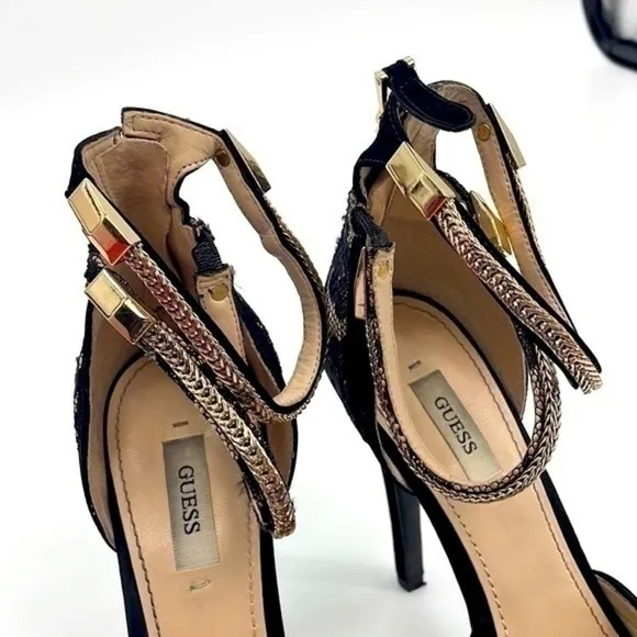 Like New in box Guess black lace and gold chain ankle strap platform shoes sz 7
