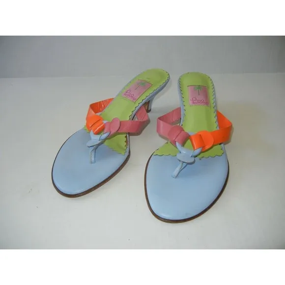 Lilly Pulitzer Leather Flower Sandals Slip On Italy Heel Thong Mule Size 8
