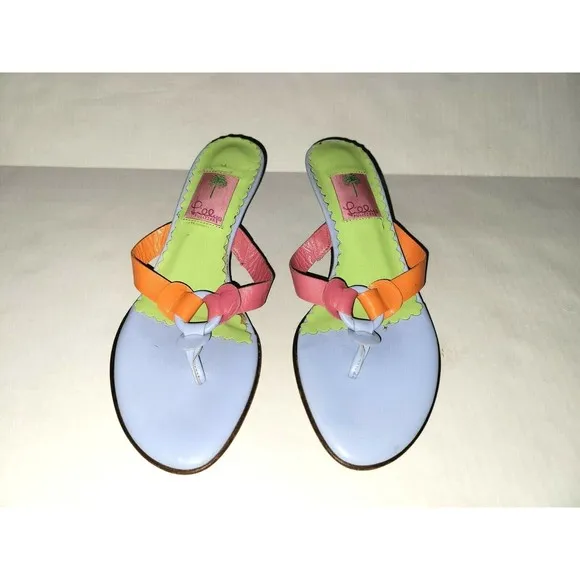 Lilly Pulitzer Leather Flower Sandals Slip On Italy Heel Thong Mule Size 8