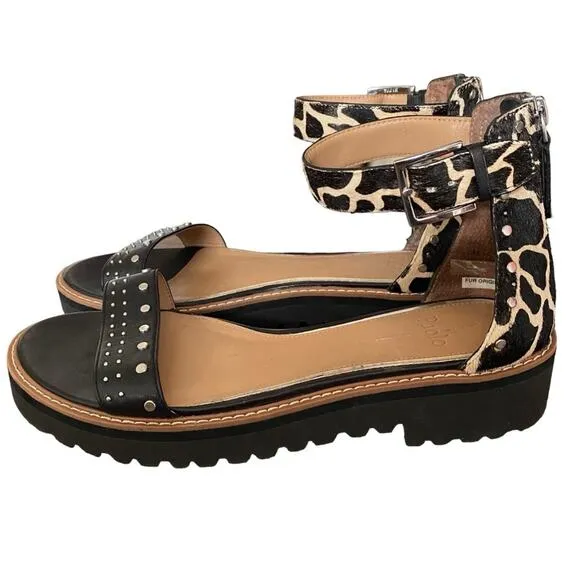 Linea Paolo Black Cream Giraffe Calf Hair Black Stud leather sandals size 8