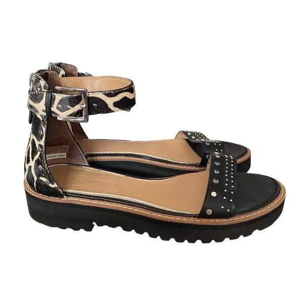 Linea Paolo Black Cream Giraffe Calf Hair Black Stud leather sandals size 8