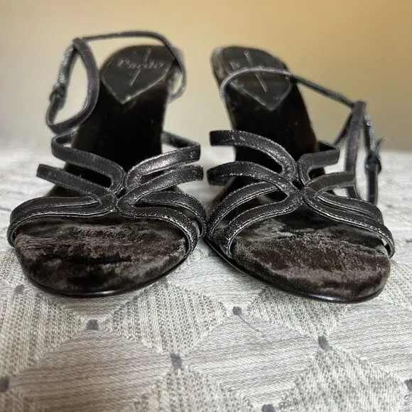 Linea Paolo Bronze Dark Gray Leather  Straps &amp; Velvet Wedge Heel Sandals US 6.5