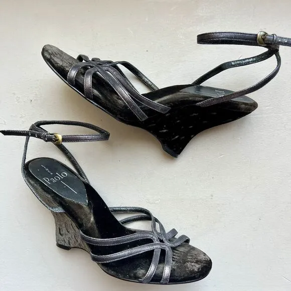 Linea Paolo Bronze Dark Gray Leather  Straps &amp; Velvet Wedge Heel Sandals US 6.5