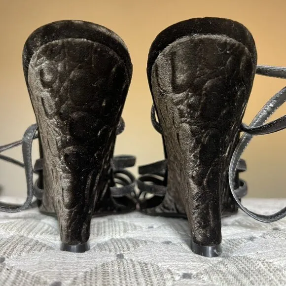Linea Paolo Bronze Dark Gray Leather  Straps &amp; Velvet Wedge Heel Sandals US 6.5