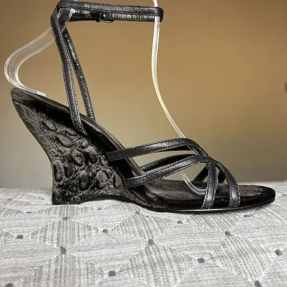 Linea Paolo Bronze Dark Gray Leather  Straps &amp; Velvet Wedge Heel Sandals US 6.5