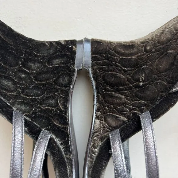 Linea Paolo Bronze Dark Gray Leather  Straps &amp; Velvet Wedge Heel Sandals US 6.5
