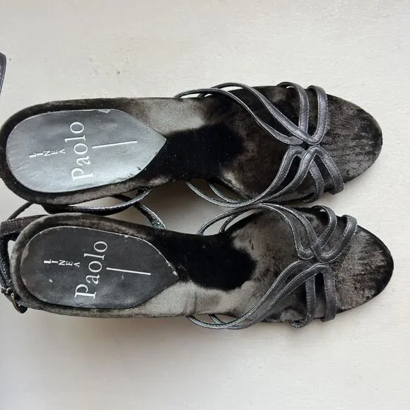 Linea Paolo Bronze Dark Gray Leather  Straps &amp; Velvet Wedge Heel Sandals US 6.5